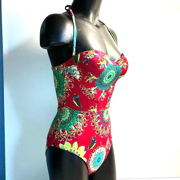 Desigual One Piece Swimsuit Size M Tropical Removable Straps Flowers Birds - Picture 2 of 12